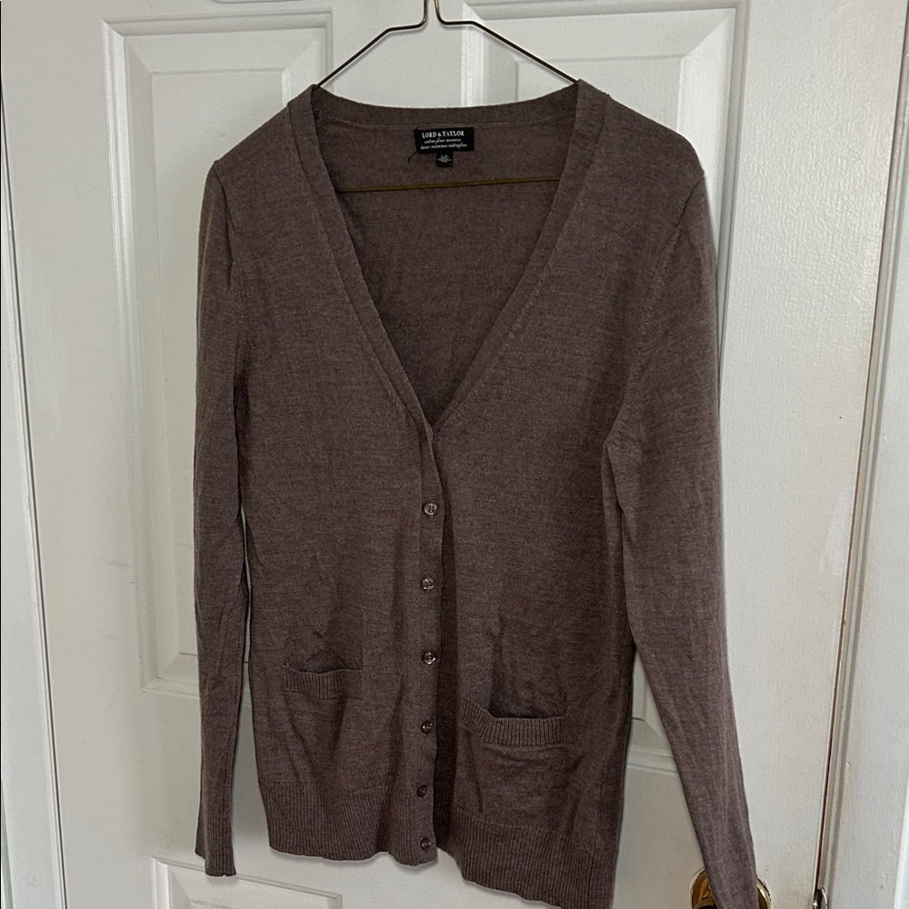 Lord & Taylor Taupe Cardigan Sweater Wool
